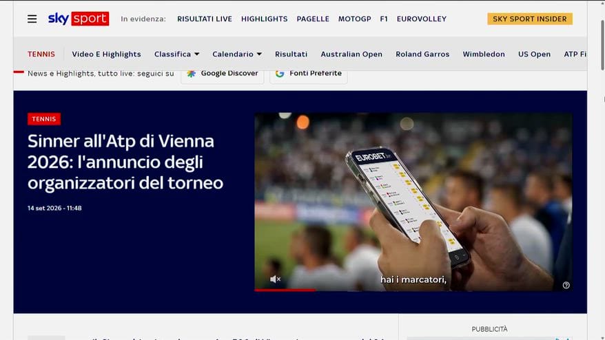 Sinner all'Atp di Vienna 2026: annuncio degli organizzatori