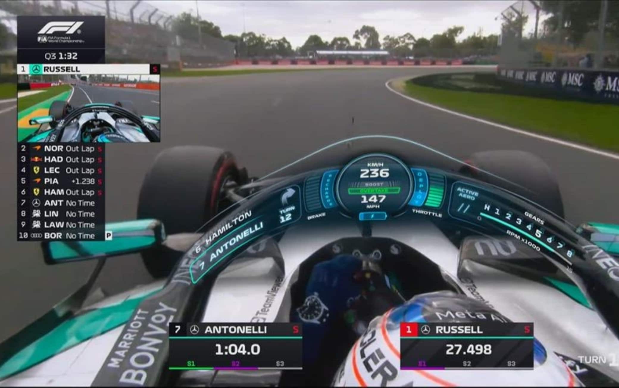 Russell, che pole! Il giro a Melbourne e il team radio. VIDEO
