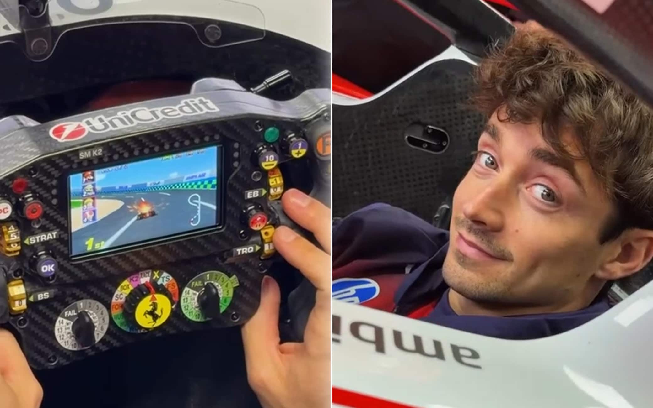 "Sembra Mario Kart", e spunta sul volante della Ferrari di Leclerc. VIDEO
