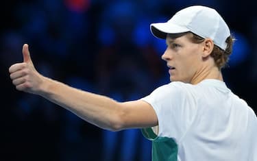 Jannik Sinner of Italy celebrates during the match against Holger Rune of Denmark at the Nitto ATP Finals tennis tournament in Turin, Italy, 16 November 2023. 
ANSA/ALESSANDRO DI MARCO