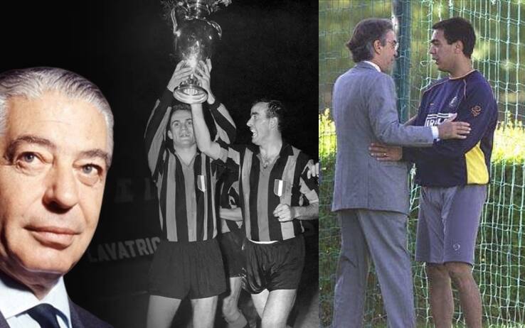 A sinistra Angelo Moratti e Corso che alza la Coppa Campioni; a destra Massimo Moratti e Recoba alla Pinetina