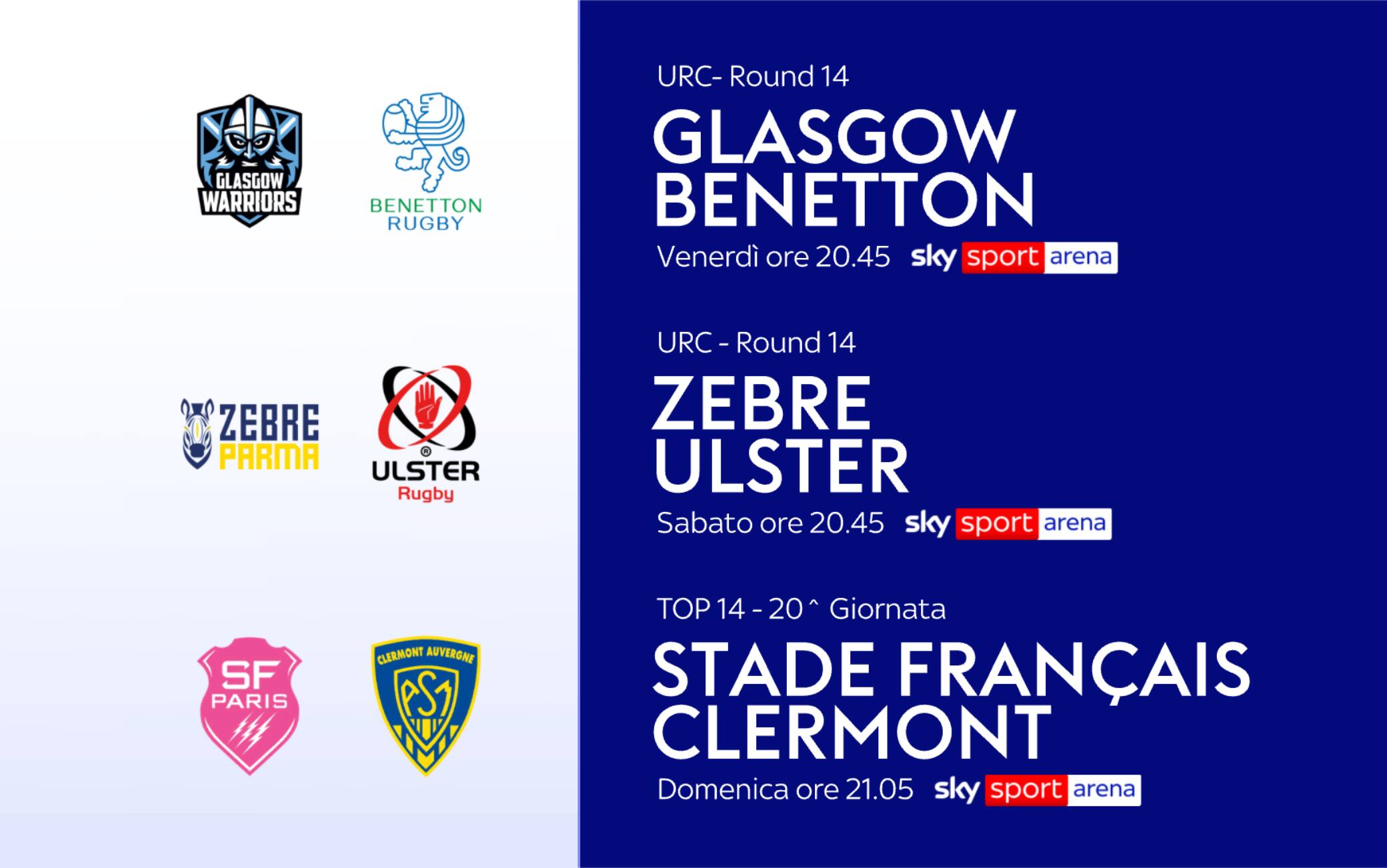 URC e Top 14 su Sky, stasera Glasgow-Benetton Treviso