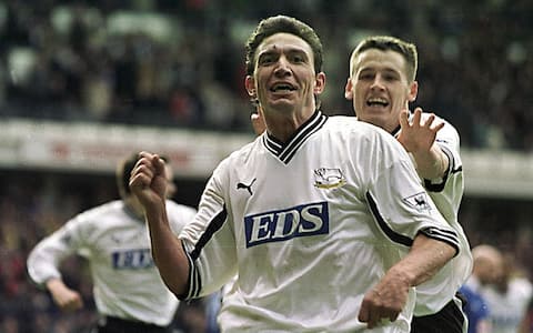 16 Apr 2001:  Stefano Eranio of Derby celebrates scoring the second goal during the FA Carling Premiership match between Derby County v Leicester City played at Pride Park, Derby. Mandatory Credit: Ben Radford/ALLSPORT