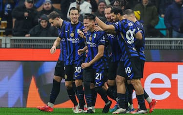 (C) Kristjan Asllani of FC Internazionale celebrates with his teammates after scoring a goal during Coppa Italia 2024/25 football match between FC Internazionale and Udinese Calcio at San Siro Stadium