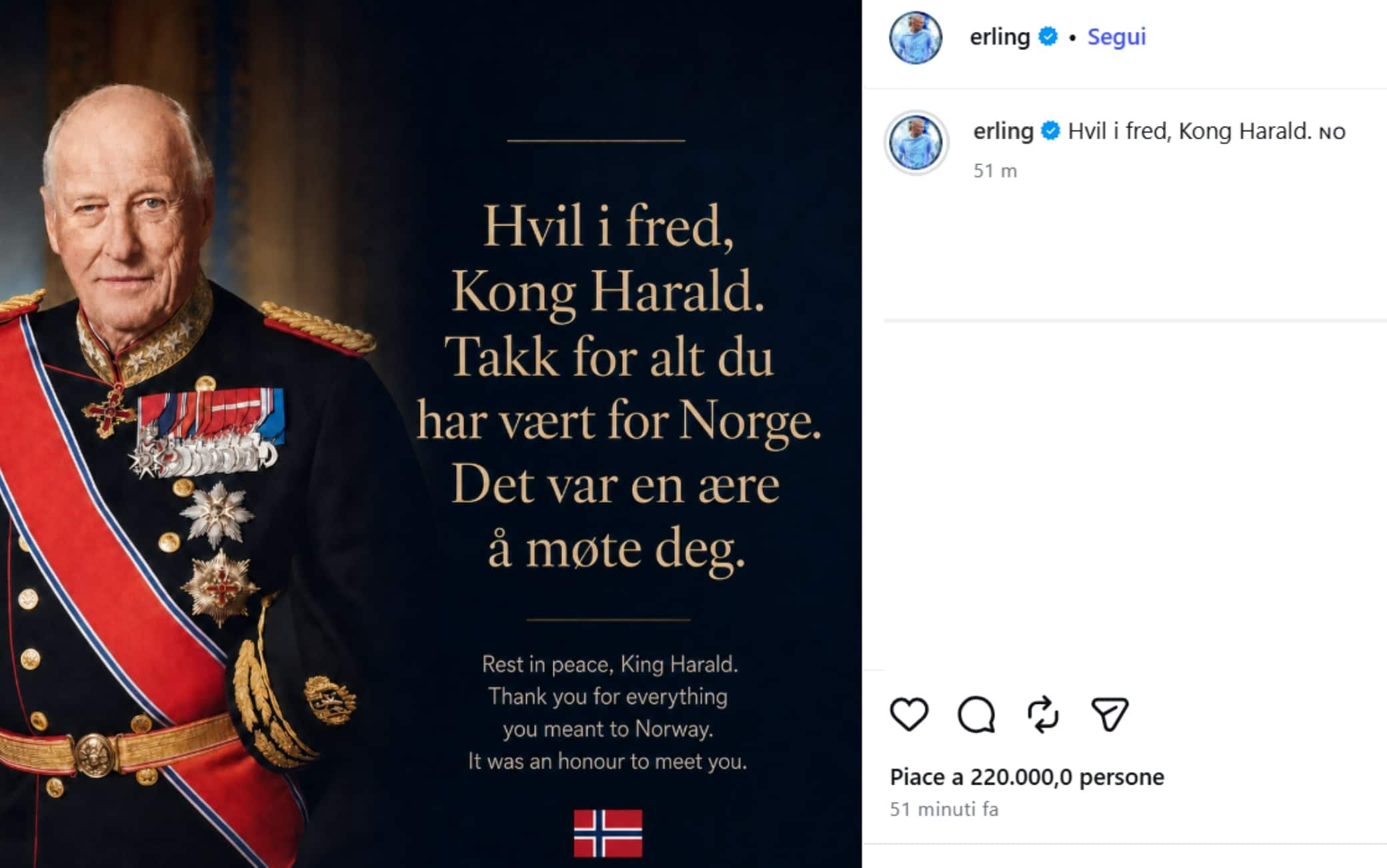 Re Harald V di Norvegia morto, Haaland in lutto: "Un onore conoscerti"