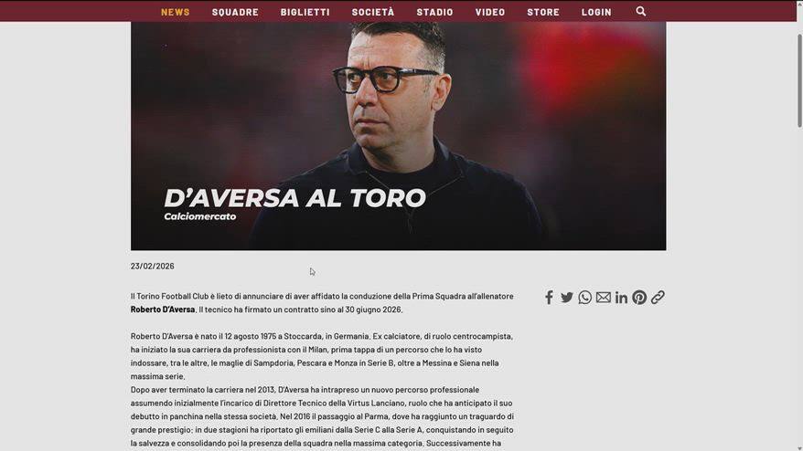 Torino, D'Aversa è il nuovo allenatore: è ufficiale