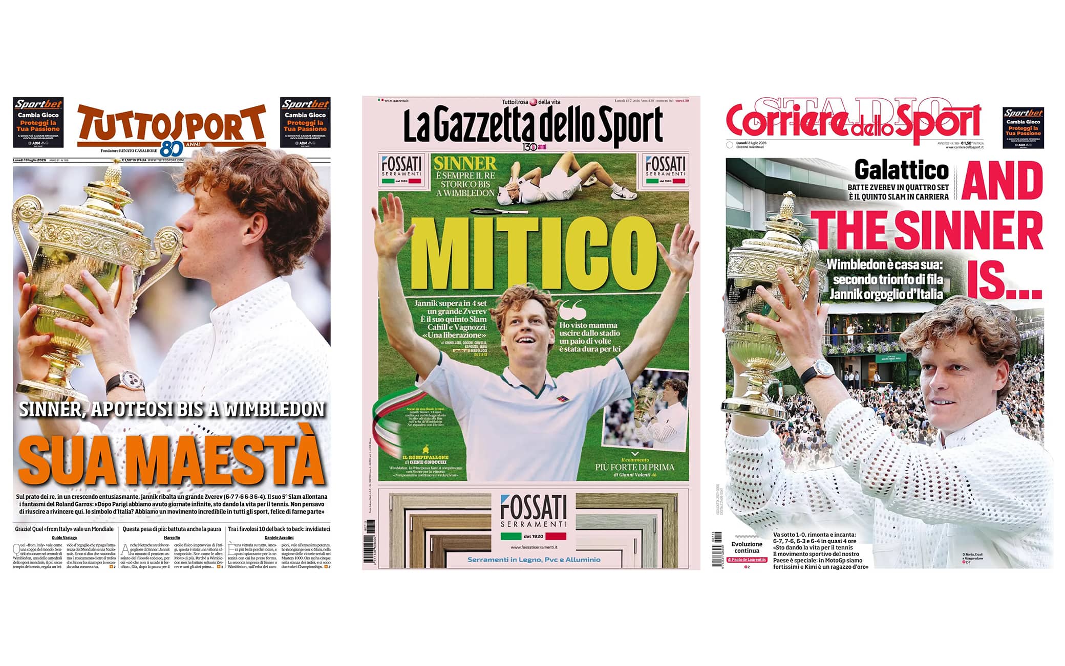 Sinner vince Wimbledon 2026: la rassegna stampa