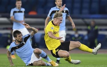 ROME, ITALY - October 20 : Francesco Acerbi ( L) of SS Lazio in action against Erling Braut Haaland (R ) of Borussia Dortmund during the UEFA Champions League group f  soccer match between SS Lazio and Borussia Dortmund Stadio Olimpico on October 20,2020 in Rome Italy