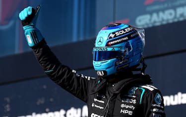IPA84980875 - Mercedes' George Russell celebrates taking pole position after sprint qualifying ahead of the 2026 Canadian Grand Prix which will take place on Sunday. Picture date: Friday May 22, 2026.