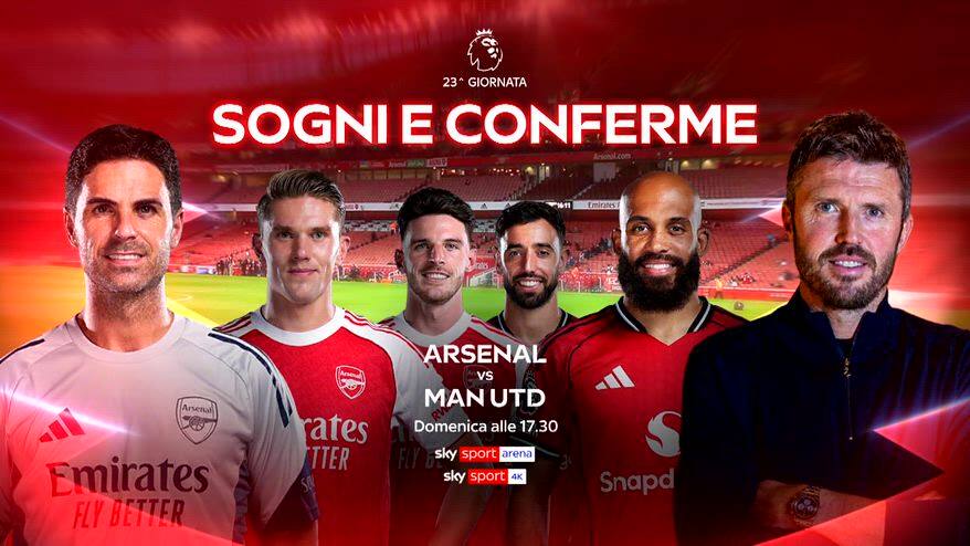 Premier, 23^ giornata: Arsenal-Man. United su Sky