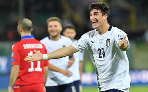 Italy's Riccardo Orsolini celebrates after scoring the 8-1 goal during the UEFA Euro 2020 group J qualifying soccer match between Italy and Armenia at the Renzo Barbera stadium in Palermo, Italy, 18 November 2019. ANSA/CARMELO IMBESI