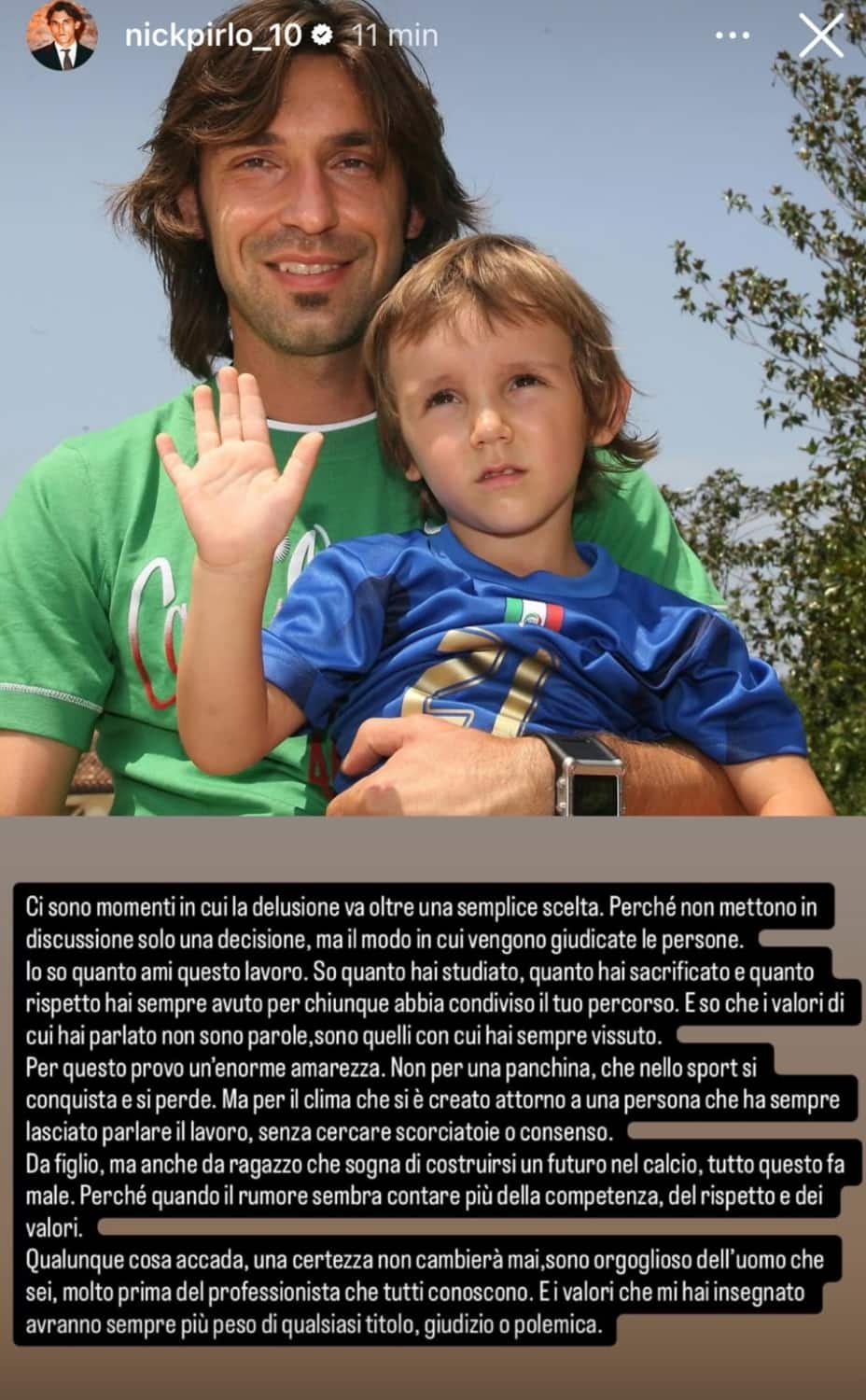 Il figlio di Pirlo su Instagram: "Un'amarezza enorme e non per quella panchina"