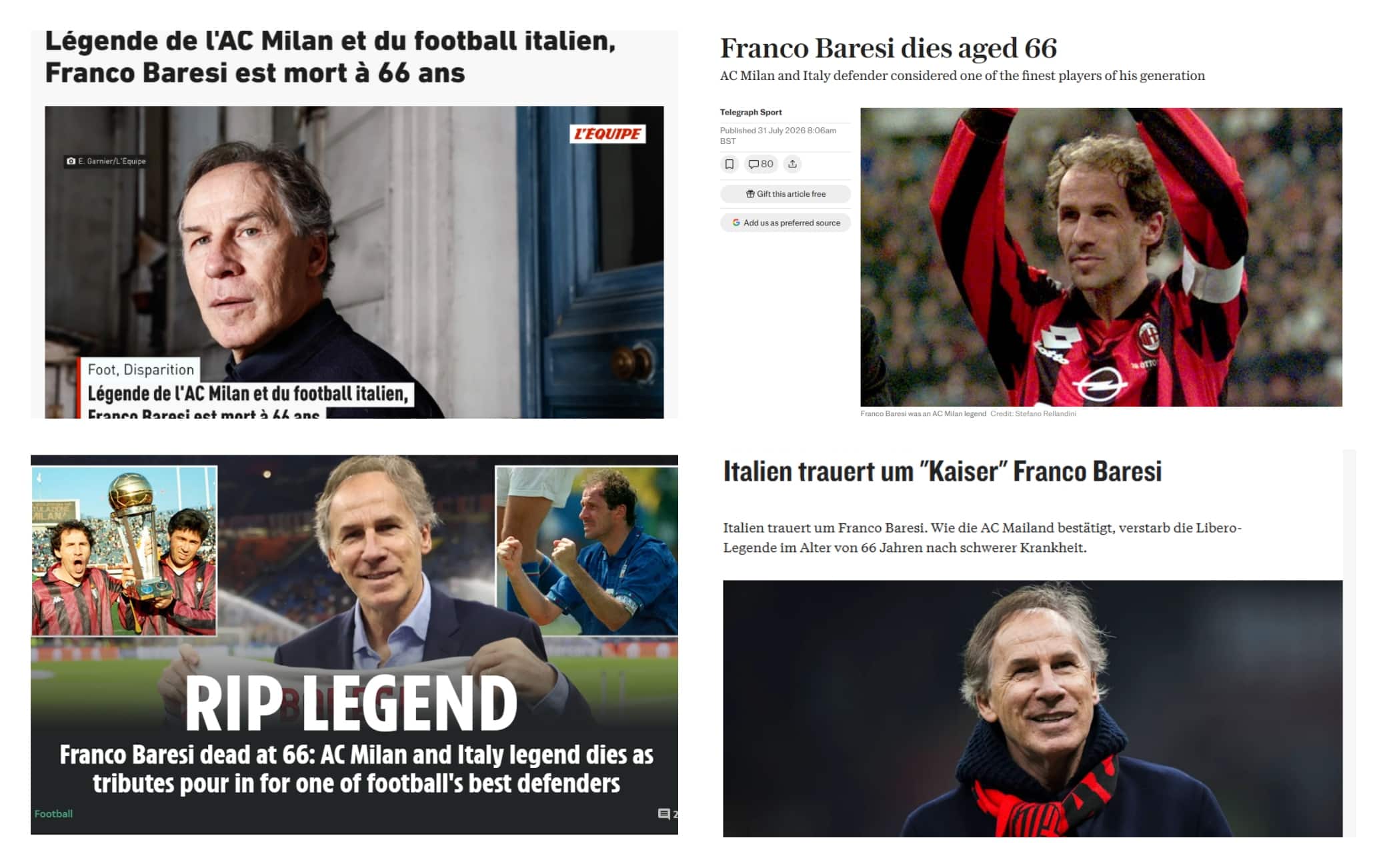 Morte Franco Baresi: la rassegna stampa dei siti italiani ed esteri