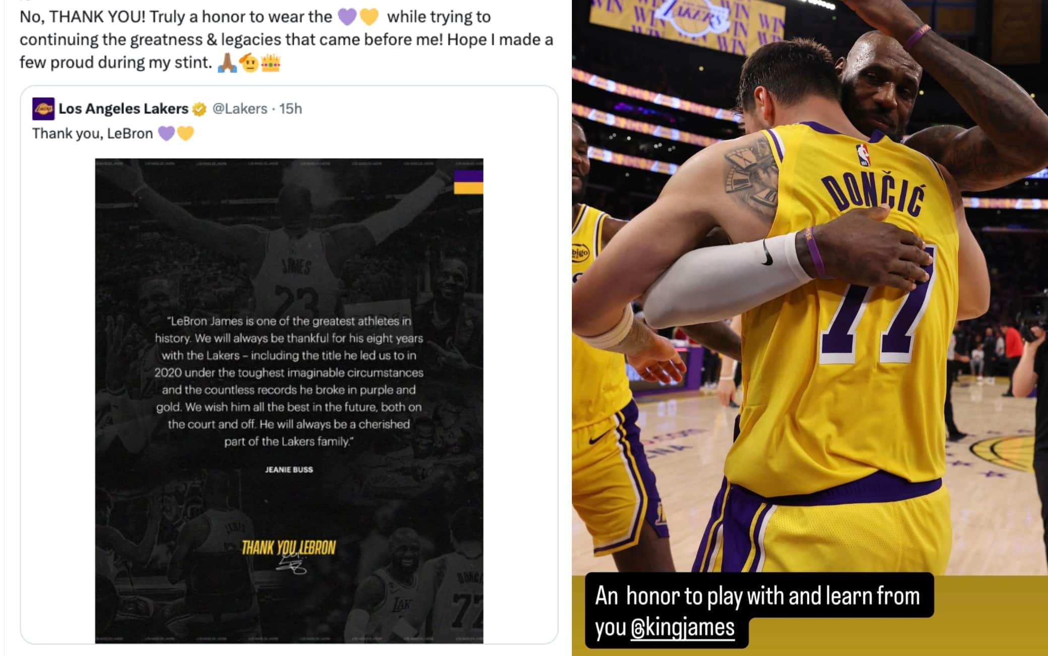 NBA, il saluto di LeBron James e di Luka Doncic dopo l'addio ai Lakers