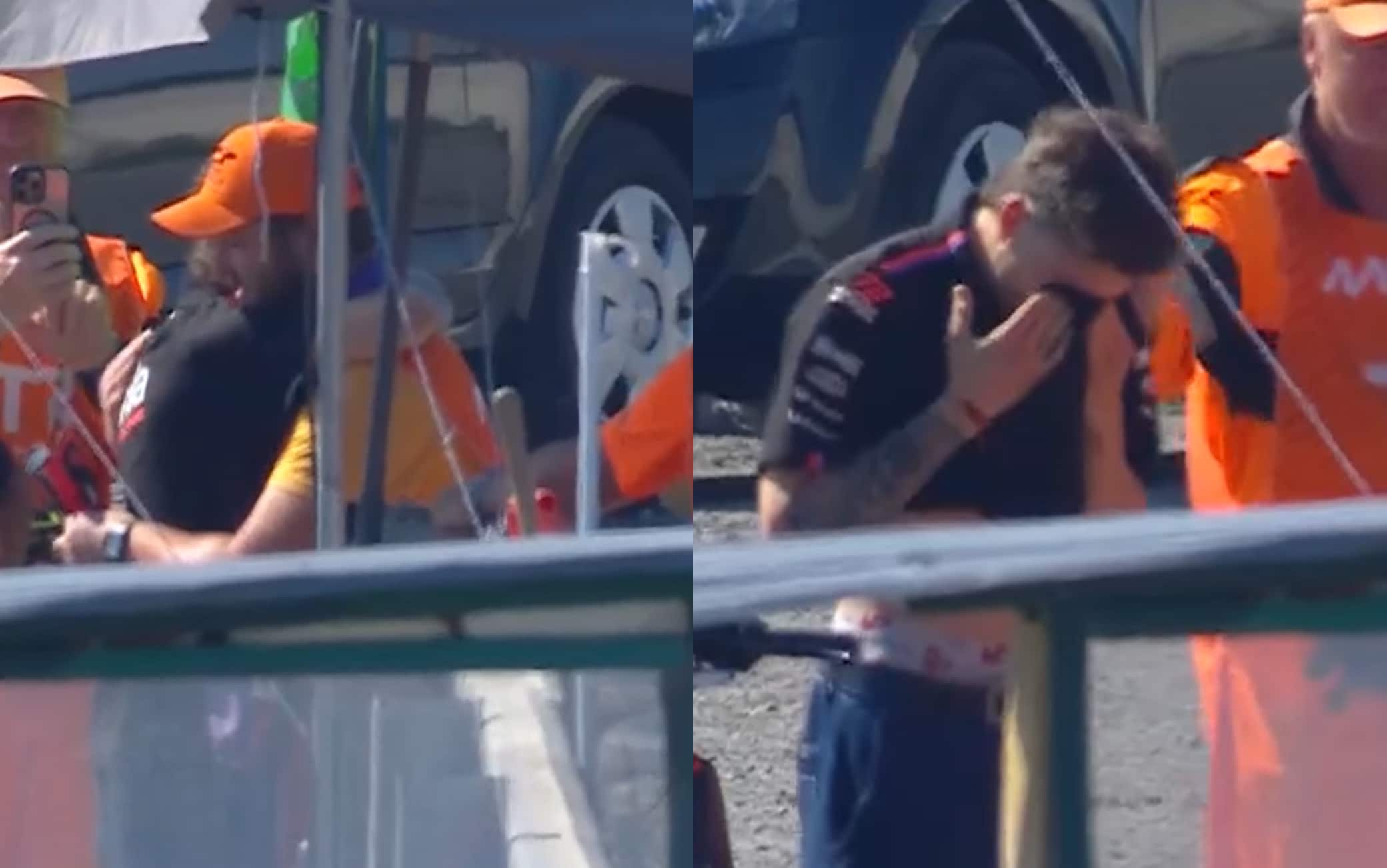 Bezzecchi, scuse al marshall dopo la squalifica: lo abbraccia e si commuove. VIDEO