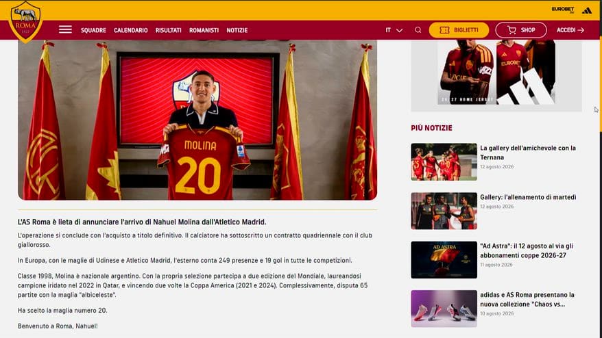 Calciomercato Roma, ufficiale Molina. E Rodrigo Mora...