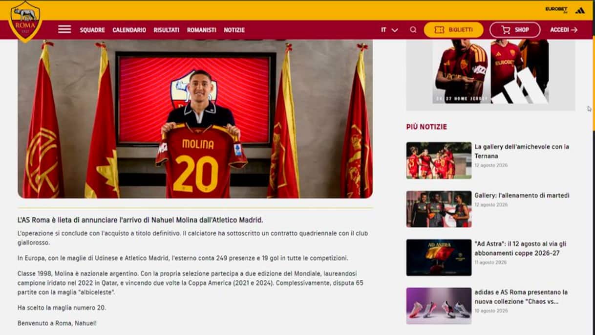 Calciomercato Roma: ufficiale l'arrivo di Molina e l'interesse per Rodrigo Mora