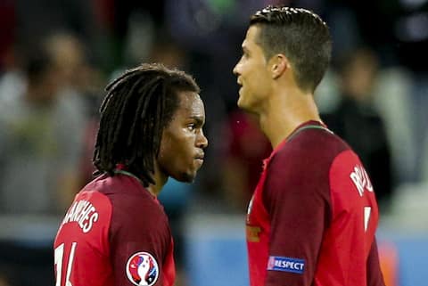 epa05365671 Portugal`s Renato Sanches (L) and Cristiano Ronaldo react after the UEFA EURO 2016 group F preliminary round match between Portugal and Iceland at Stade Geoffroy Guichard in Saint-Etienne, France, 14 June 2016.(RESTRICTIONS APPLY: For editorial news reporting purposes only. Not used for commercial or marketing purposes without prior written approval of UEFA. Images must appear as still images and must not emulate match action video footage. Photographs published in online publications (whether via the Internet or otherwise) shall have an interval of at least 20 seconds between the posting.)  EPA/MIGUEL A. LOPES   EDITORIAL USE ONLY
