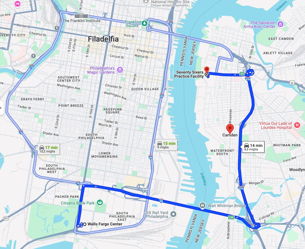Le distanze ridotte tra l'arena dei Sixers nel sud di Philadelphia e la practice facility a Camden