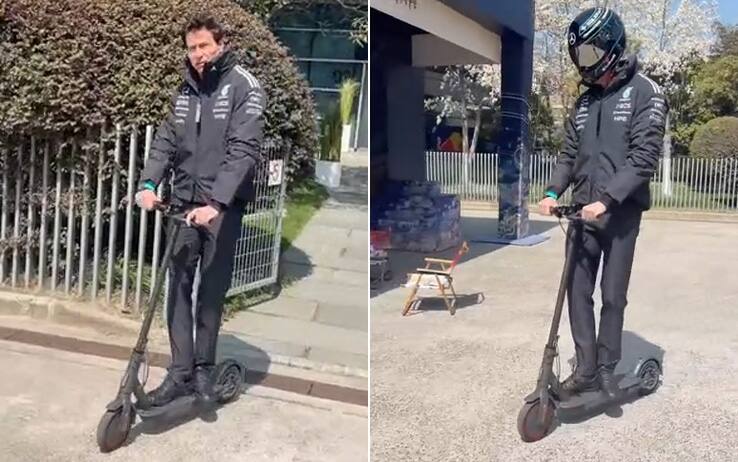 "Toto, la sicurezza!": Wolff in monopattino col casco nel paddock del GP Cina. VIDEO