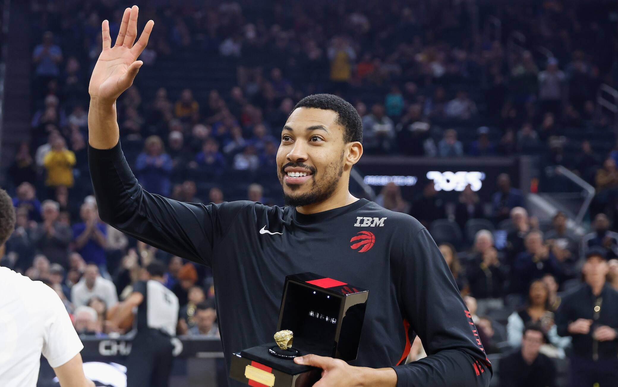 SAN FRANCISCO, CALIFORNIA - JANUARY 07: Otto Porter Jr. #32 of the Toronto Raptors is presented with his 2021/22 championship ring before the game against the Golden State Warriors at Chase Center on January 07, 2024 in San Francisco, California. NOTE TO USER: User expressly acknowledges and agrees that, by downloading and or using this photograph, User is consenting to the terms and conditions of the Getty Images License Agreement. (Photo by Lachlan Cunningham/Getty Images)