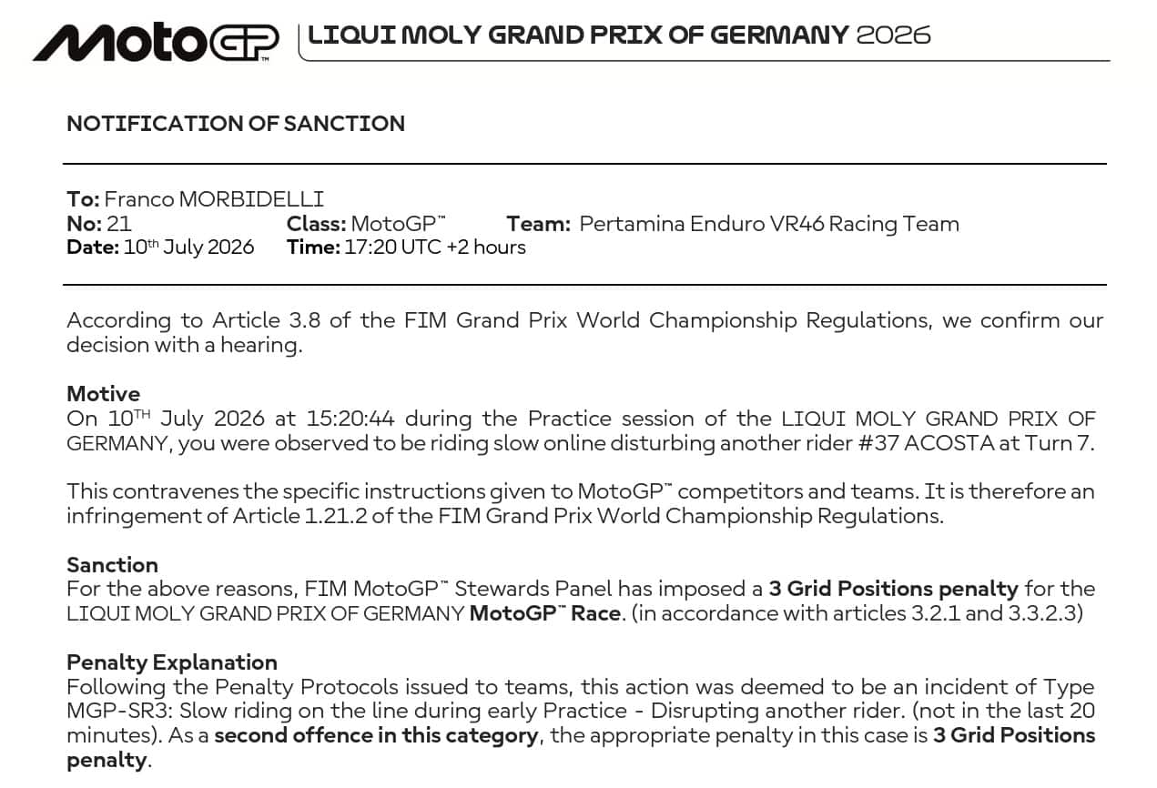 Penalizzazione per Morbidelli al Sachsenring