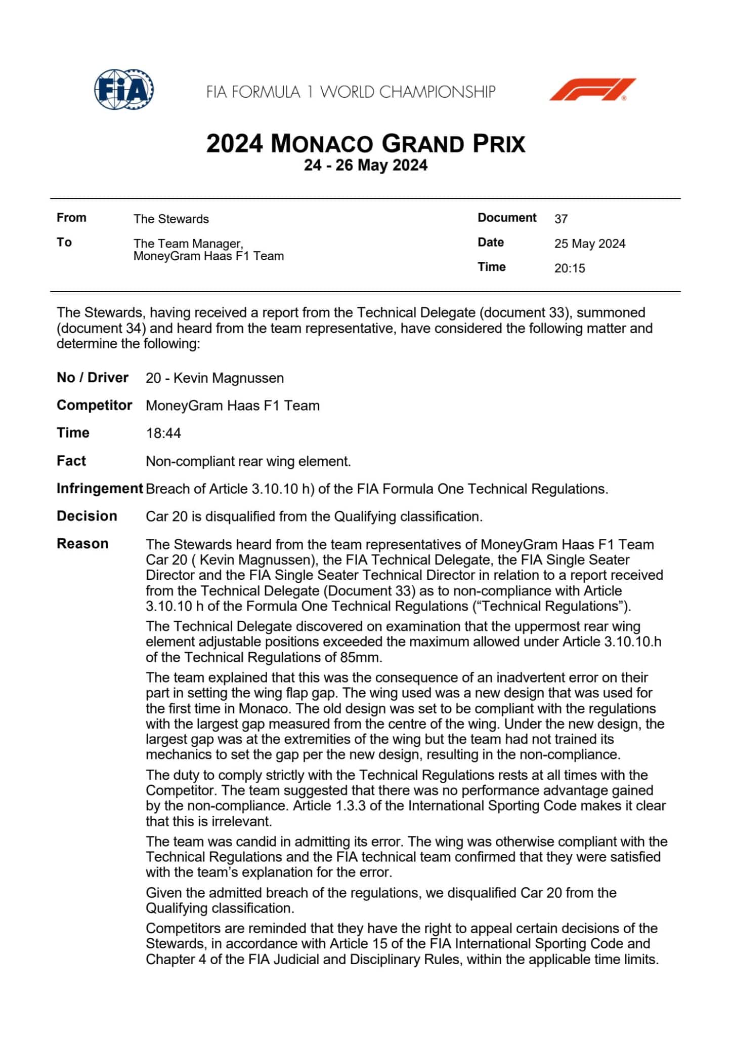 F1, GP Monaco, comunicato Fia, squalifica Haas