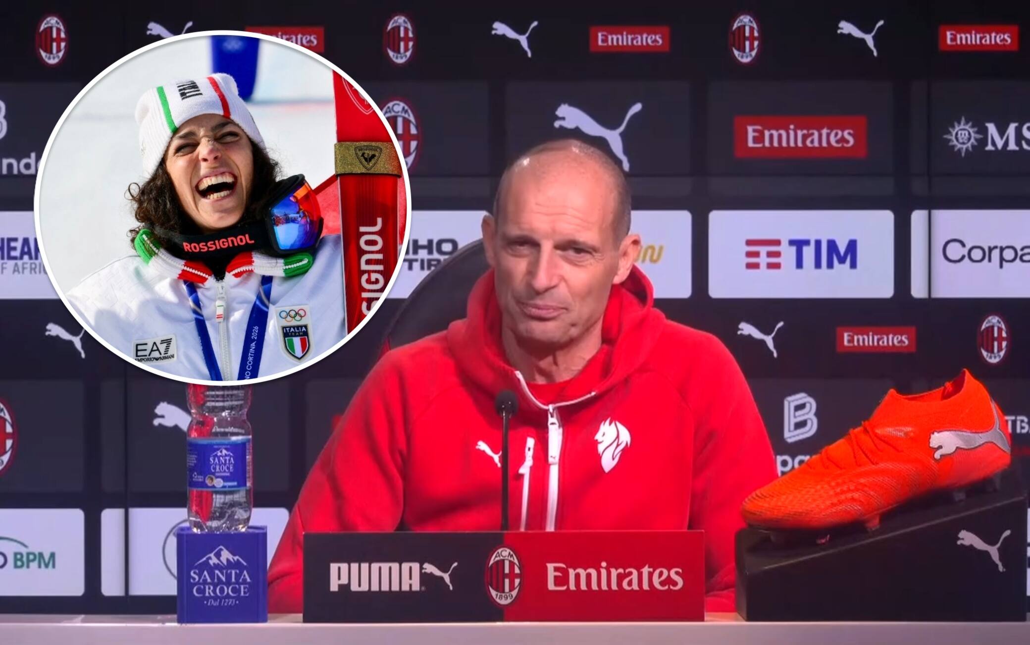 Allegri fa i complimenti alla Brignone, poi la gag sulla neve e l'emozione per Baresi