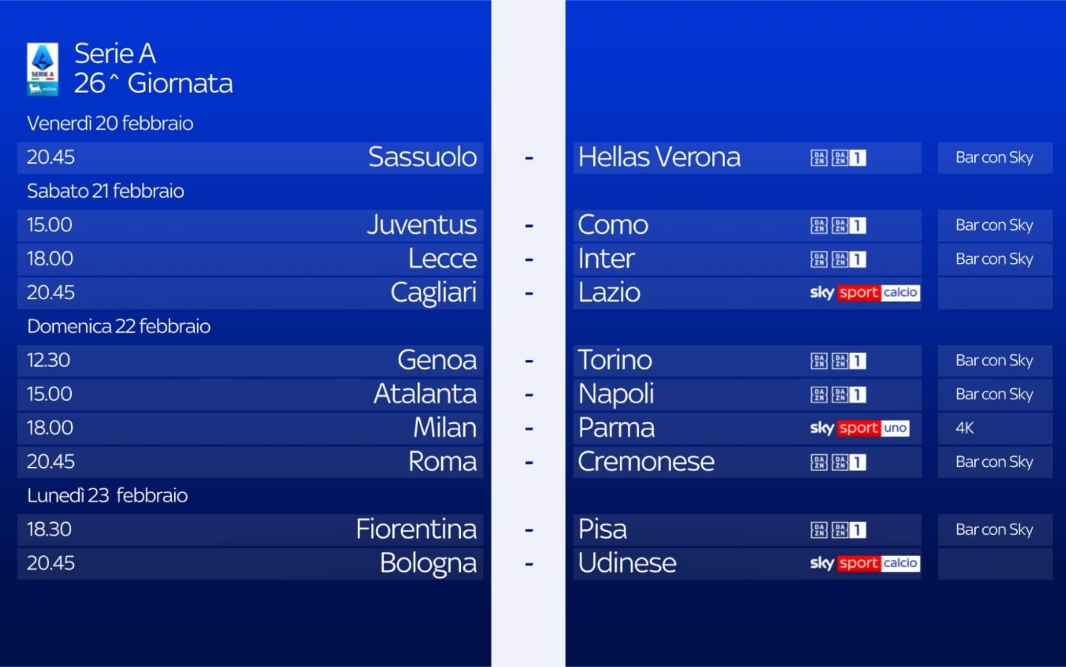 Serie A, la presentazione della 26^ giornata: orari, arbitri e squalificati