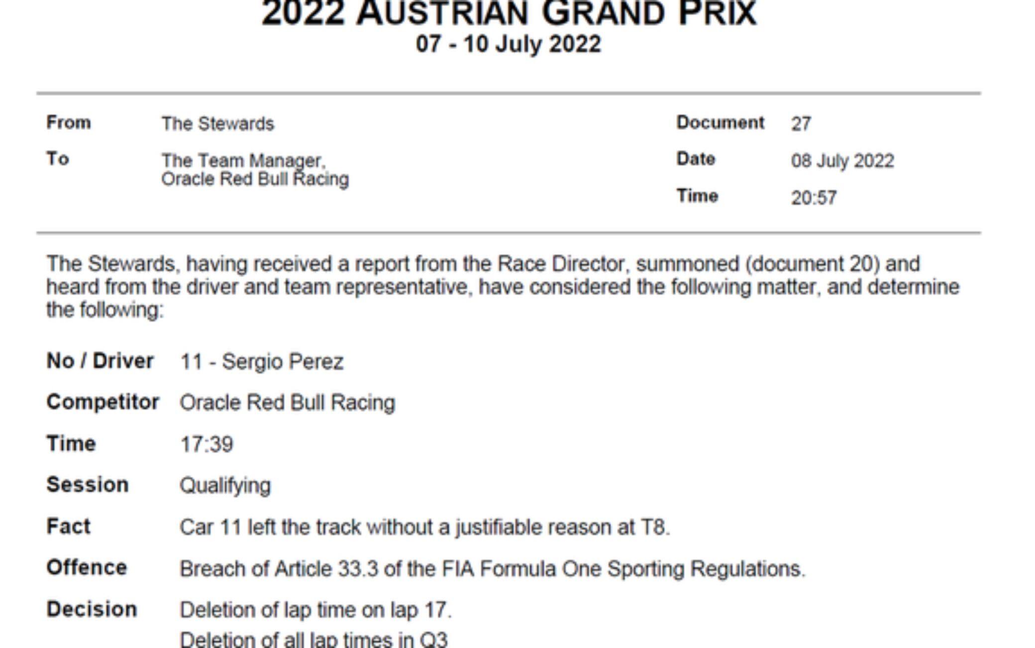 Il comunicato su Perez