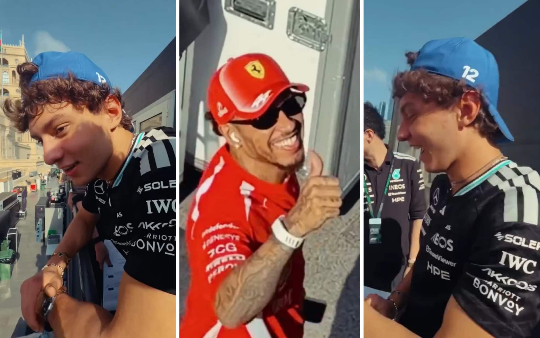 "Lewis, una foto!". Lo scherzo di Kimi Antonelli a Hamilton nel paddock di Baku. VIDEO