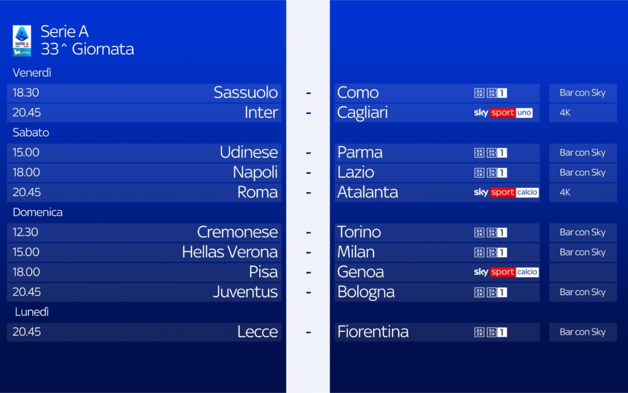 Serie A, 33^ giornata: orari, arbitri e squalificati