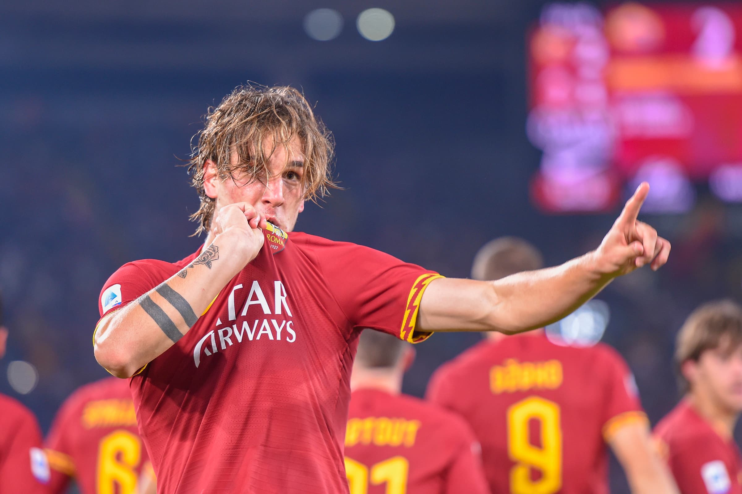 Foto Luciano Rossi/AS Roma/ LaPresse
27/10/2019 Roma ( Italia)
Sport Calcio
AS Roma - Milan  
Campionato di Calcio Serie A Tim 2019 2020
Stadio Olimpico di Roma
Nella foto: Nicolò Zaniolo esulta dopo il gol

Photo Luciano Rossi/ AS Roma/ LaPresse
27/10/2019 Roma (Italy)
Sport Soccer
AS Roma - Milan     
football Championship League A Tim 2019 2020 
Olimpico stadium of Roma
In the pic: Nicolò Zaniolo celebrates his goal