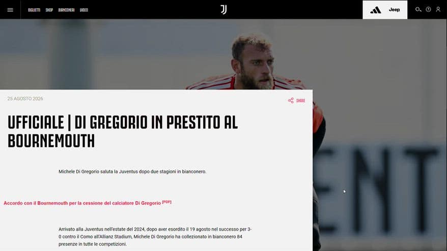 Juve, ufficiale Di Gregorio in prestito al Bournemouth 