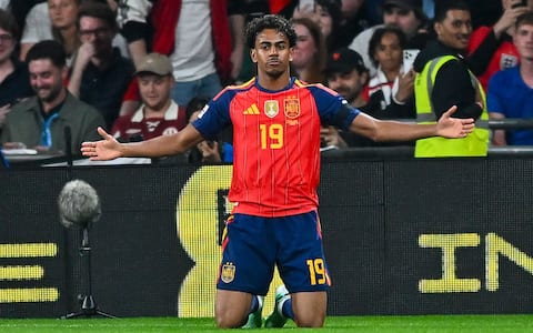 IPA89006395 - Lamine Yamal (Spain) celebrates after scoring his team's first goal during the UEFA Nations League 2026/27 group phase match between England and Spain at Wembley Stadium on September 26, 2026 in London, United Kingdom.   (Photo by Vince Mignott/DeFodi Images)