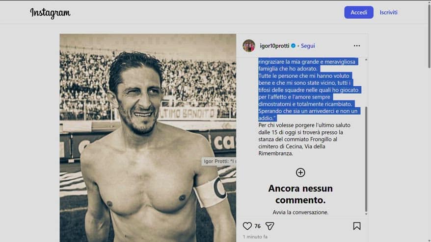Lutto nel mondo del calcio: è morto Igor Protti