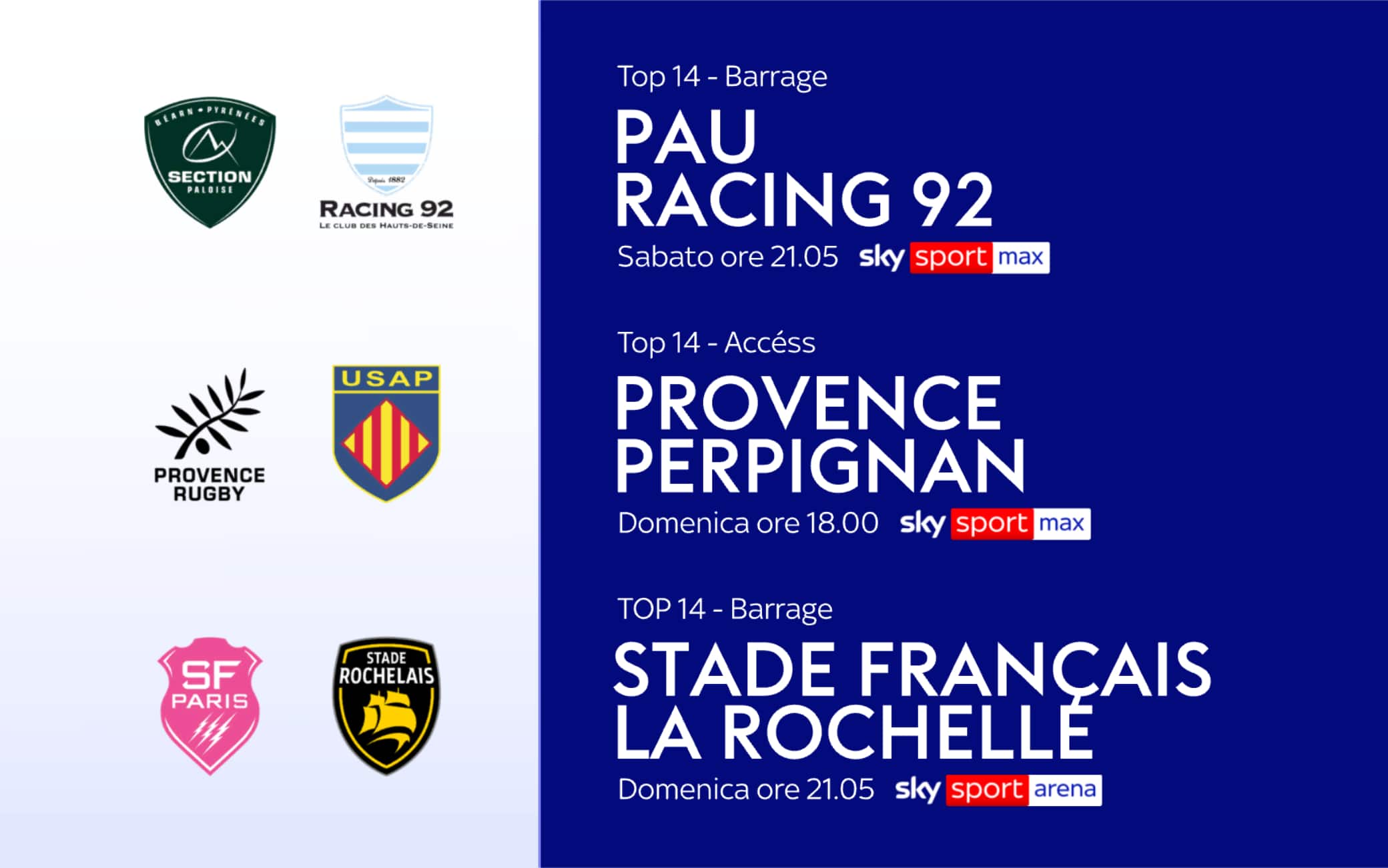 Top 14, le fasi finali su Sky. Oggi Pau-Racing 92