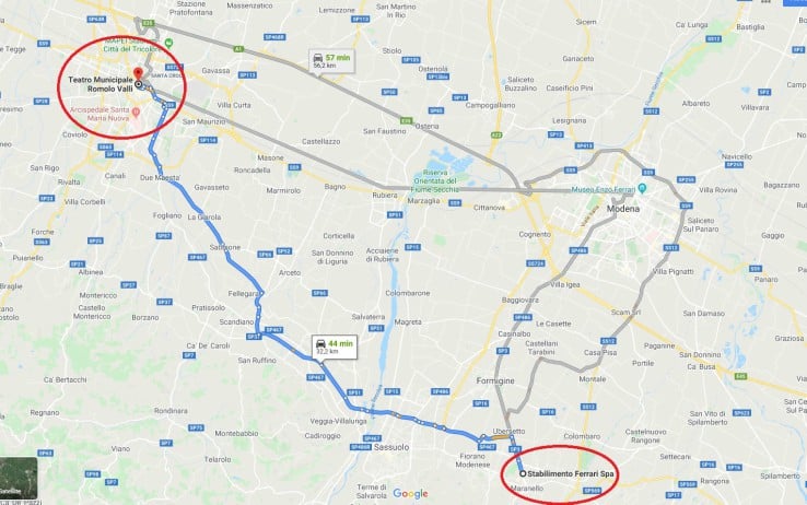 La distanza dallo Stabilimento di Maranello al Teatro Valli (Google Street)