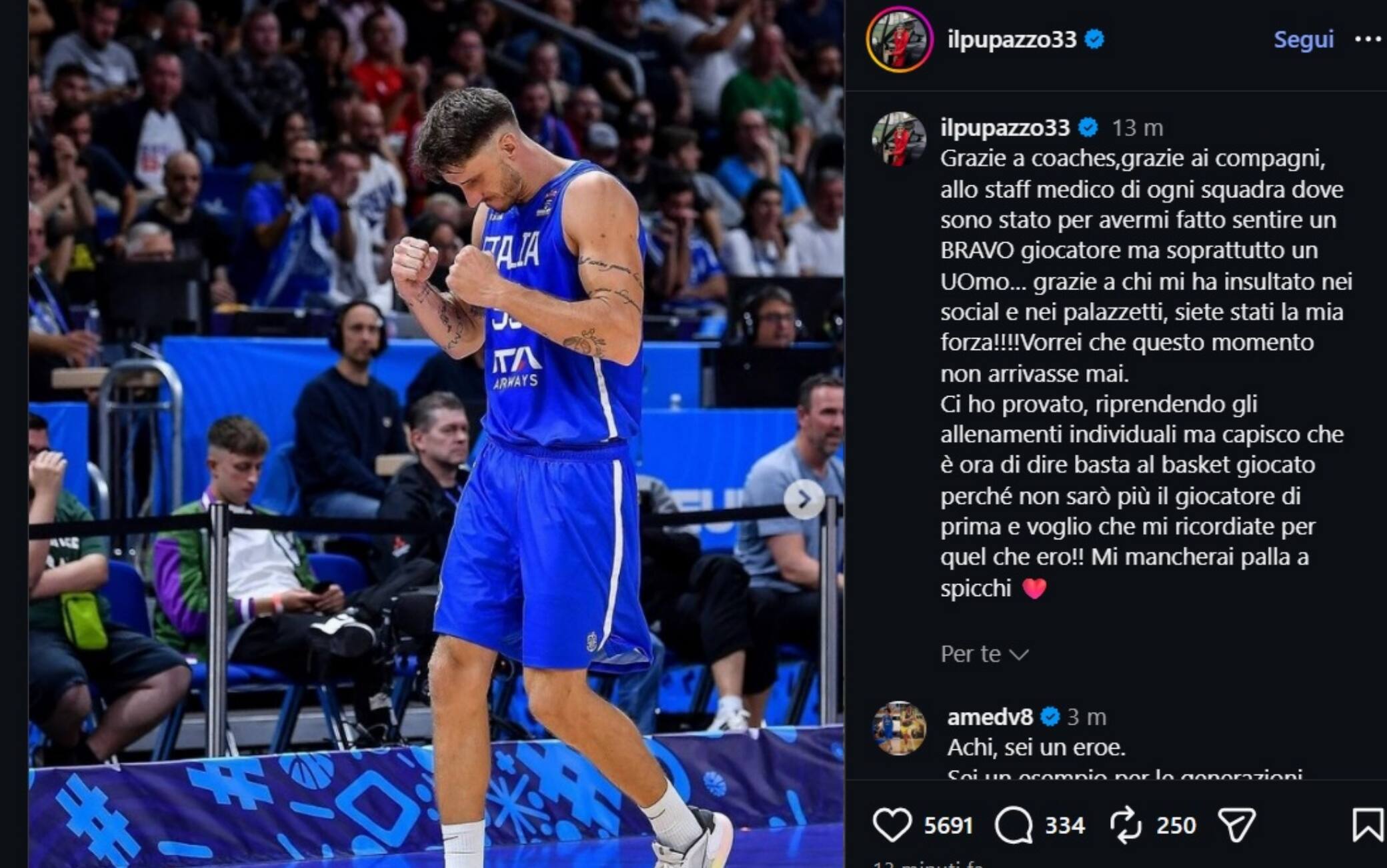 Polonara saluta il basket: "Ci ho provato, ma è ora di lasciare". Il messaggio social