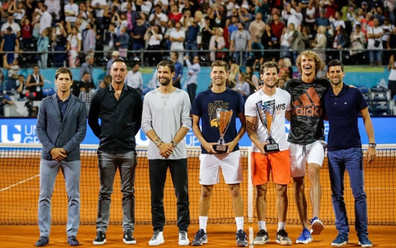 Dimitrov alla premiazione della tappa dell'Adria Tour di Belgrado, il 14 giugno, vinta da Thiem