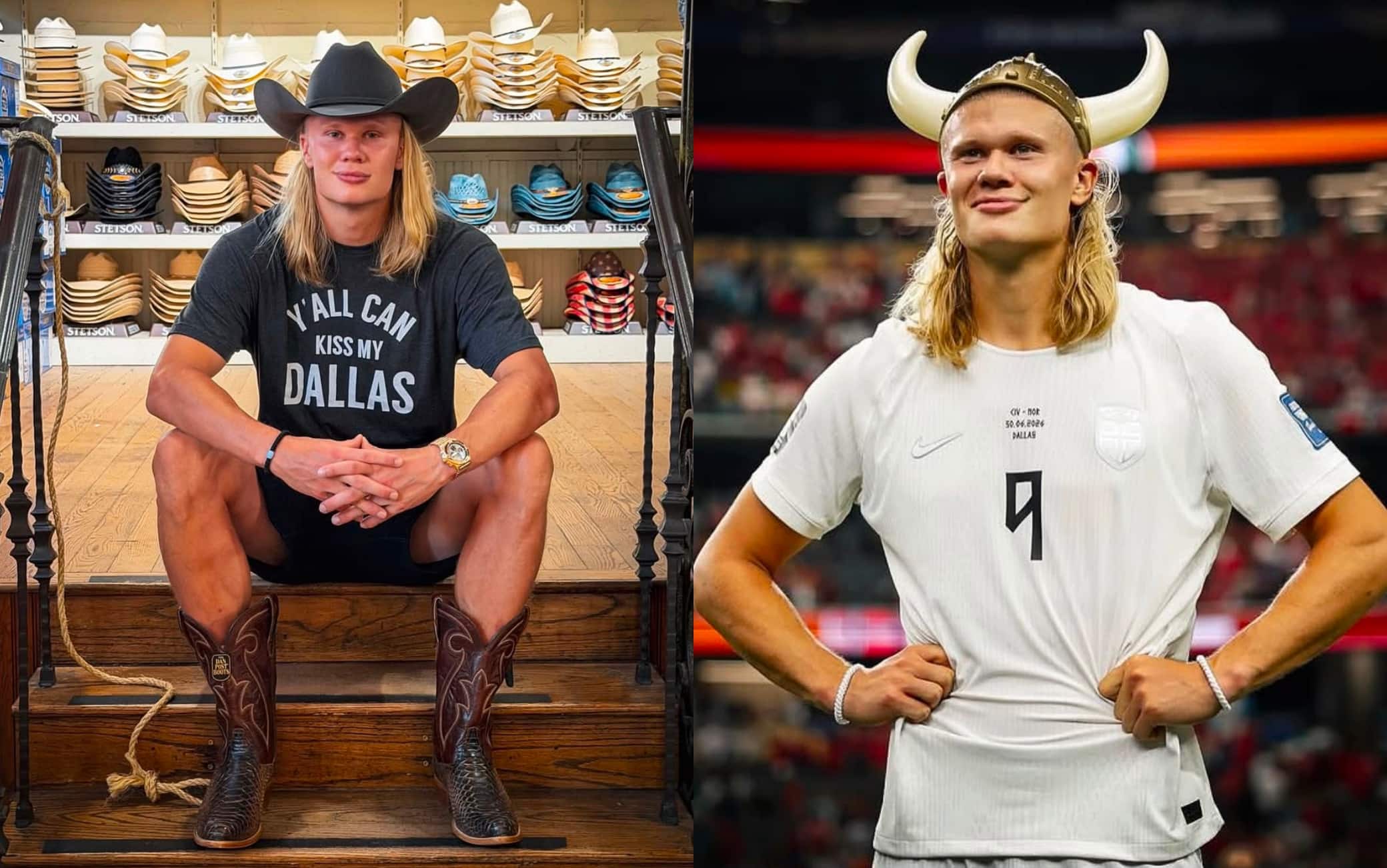 Haaland si trasforma in cowboy per festeggiare la Norvegia. Le FOTO di tutti i suoi look