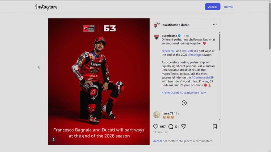 Bagnaia-Ducati, ufficiale la separazione da fine 2026