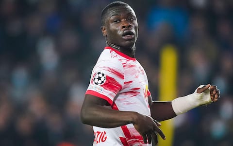 BRUGGE, BELGIUM - NOVEMBER 24: Brian Brobbey of RB Leipzig looks on during the UEFA Champions League Group Stage match between Club Brugge and RB Leipzig at Jan Breydelstadion on November 24, 2021 in Brugge, Belgium (Photo by Jeroen Meuwsen/Orange Pictures) Credit: Orange Pics BV/Alamy Live News