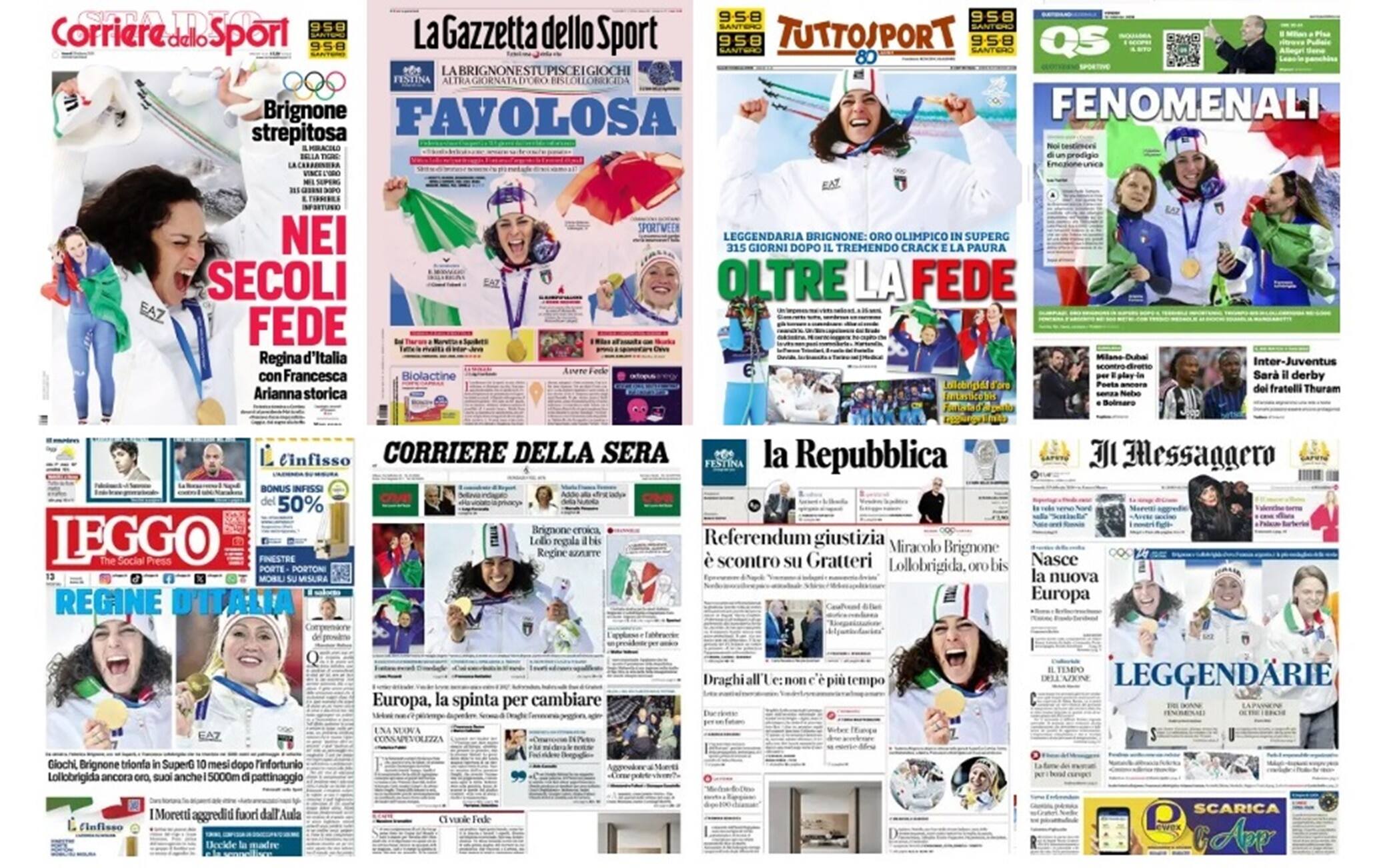 Brignone, Lollobrigida e Fontana "Regine d'Italia" alle Olimpiadi: la rassegna stampa