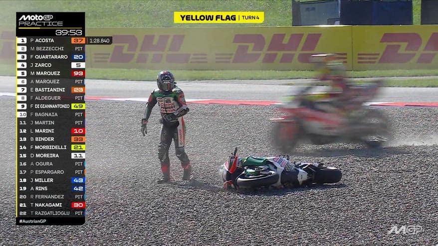 Zarco cade, Moreira gli passa vicino: rischio penalità