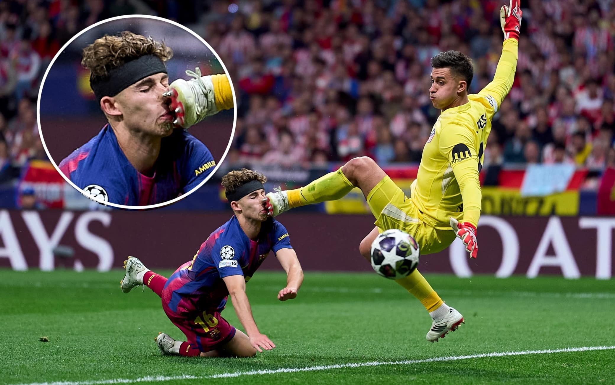Musso-Fermin Lopez, la foto sequenza del brutto scontro in Atletico-Barça