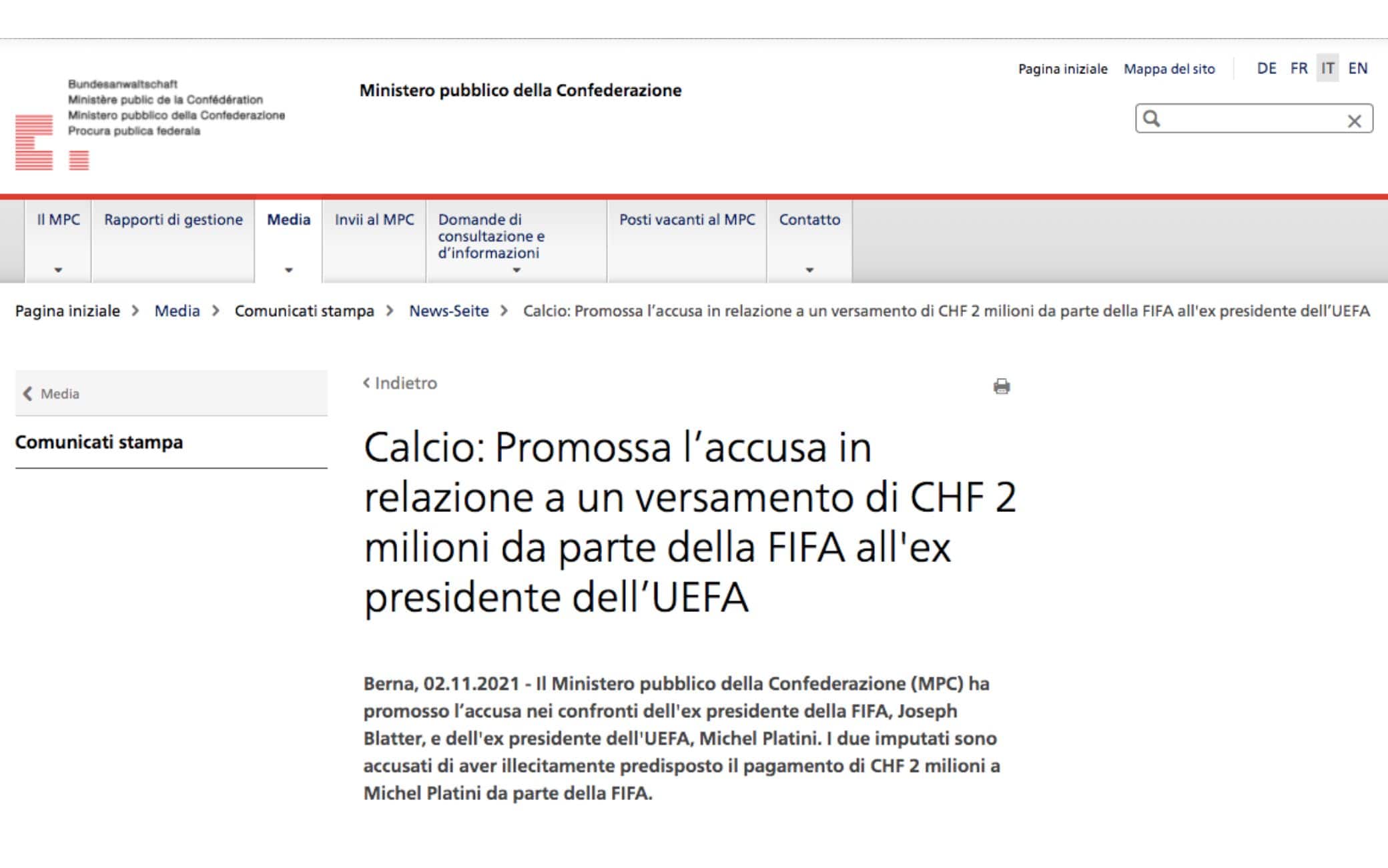 La nota del Ministero pubblico della Confederazione (MPC)