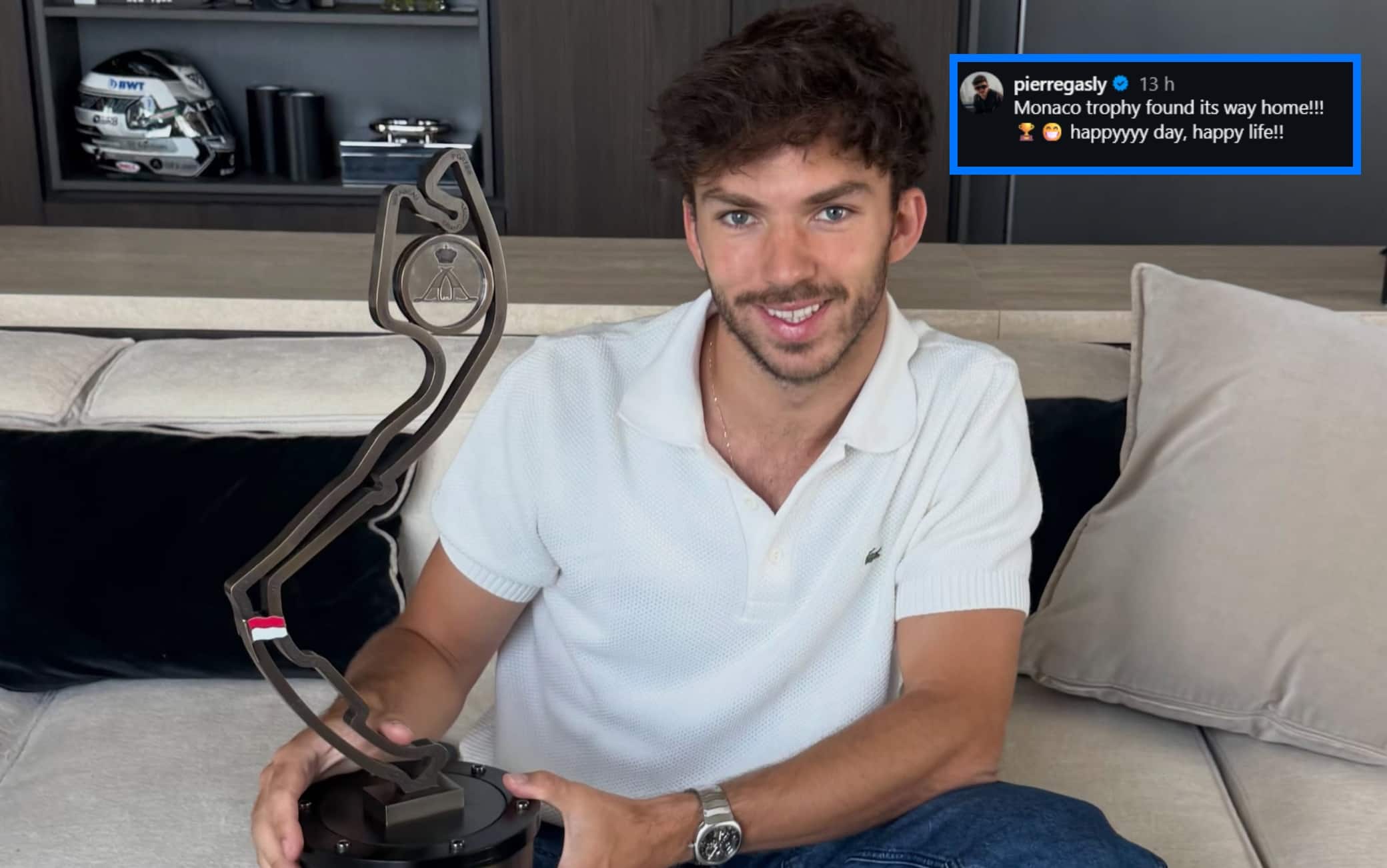 F1, Gasly con il trofeo del terzo posto del GP Monaco: "E' tornato a casa, che gioia!"