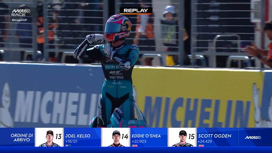 Moto3, ad Aragon Quiles festeggia con la spalla infortunata
