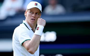 epa13072800 Jannik Sinner of Italy celebrates a point during his Men's Singles first round match against Miomir Kecmanovic of Serbia at the Wimbledon Championships in London, Britain, 29 June 2026.  EPA/ADAM VAUGHAN